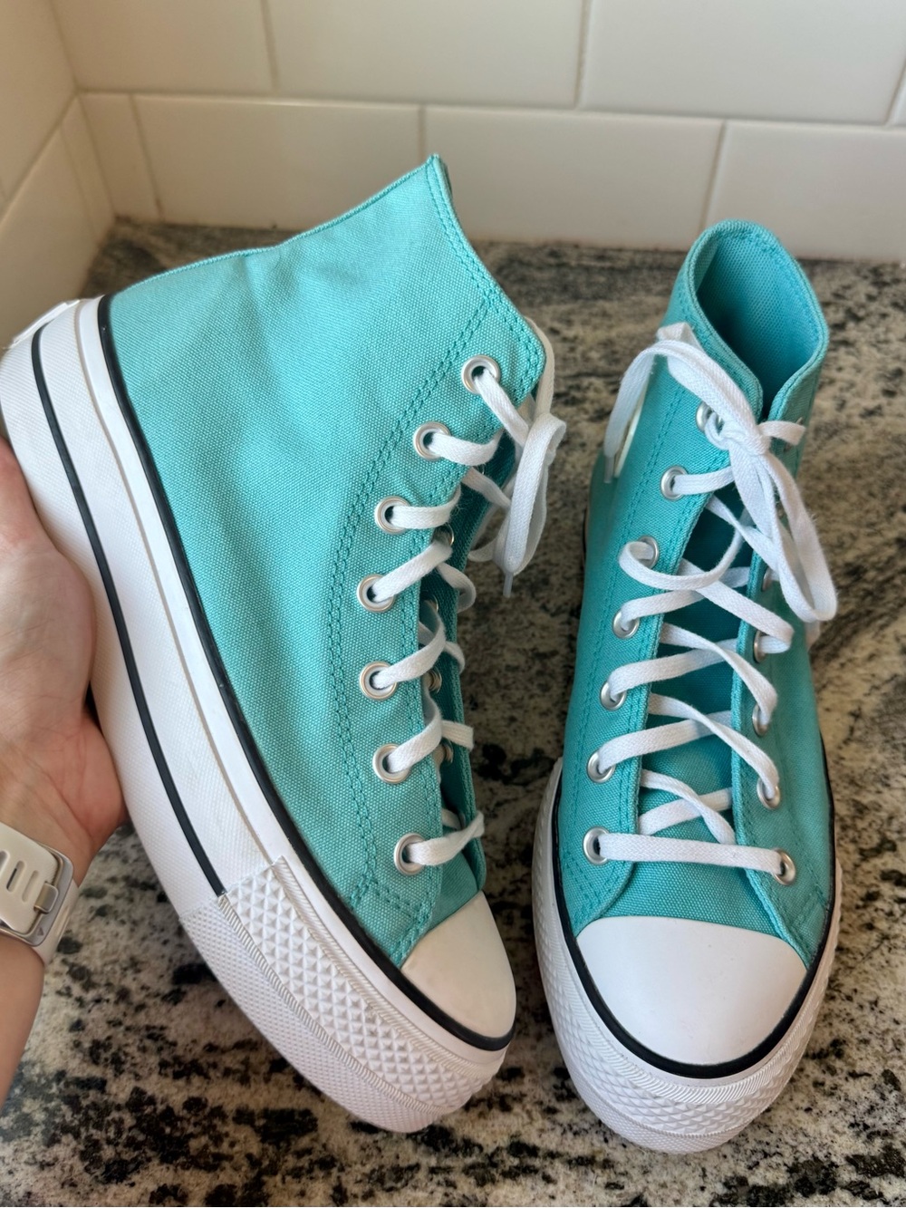 Converse Chuck Taylor All Star Lift Platform High “Stars” in Ocean Drip. W 8.